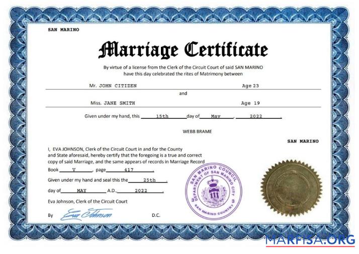Printable San Marino marriage certificate Word and PDF template